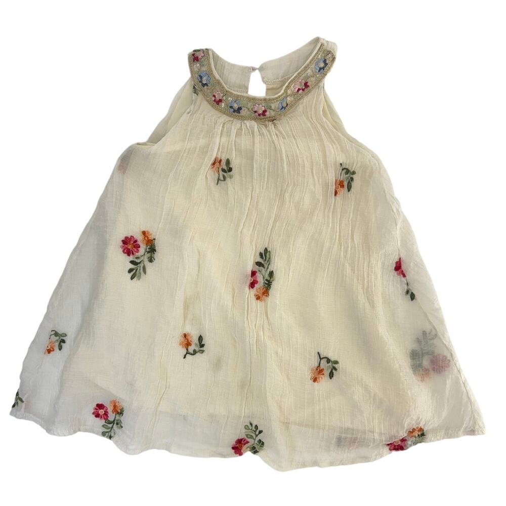 Girls Size 7 Cream Floral Embroidered Lyocell Sleeveless Dress